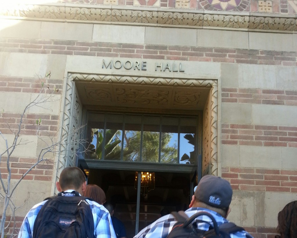 Graduate Students Walking into Moore Hall